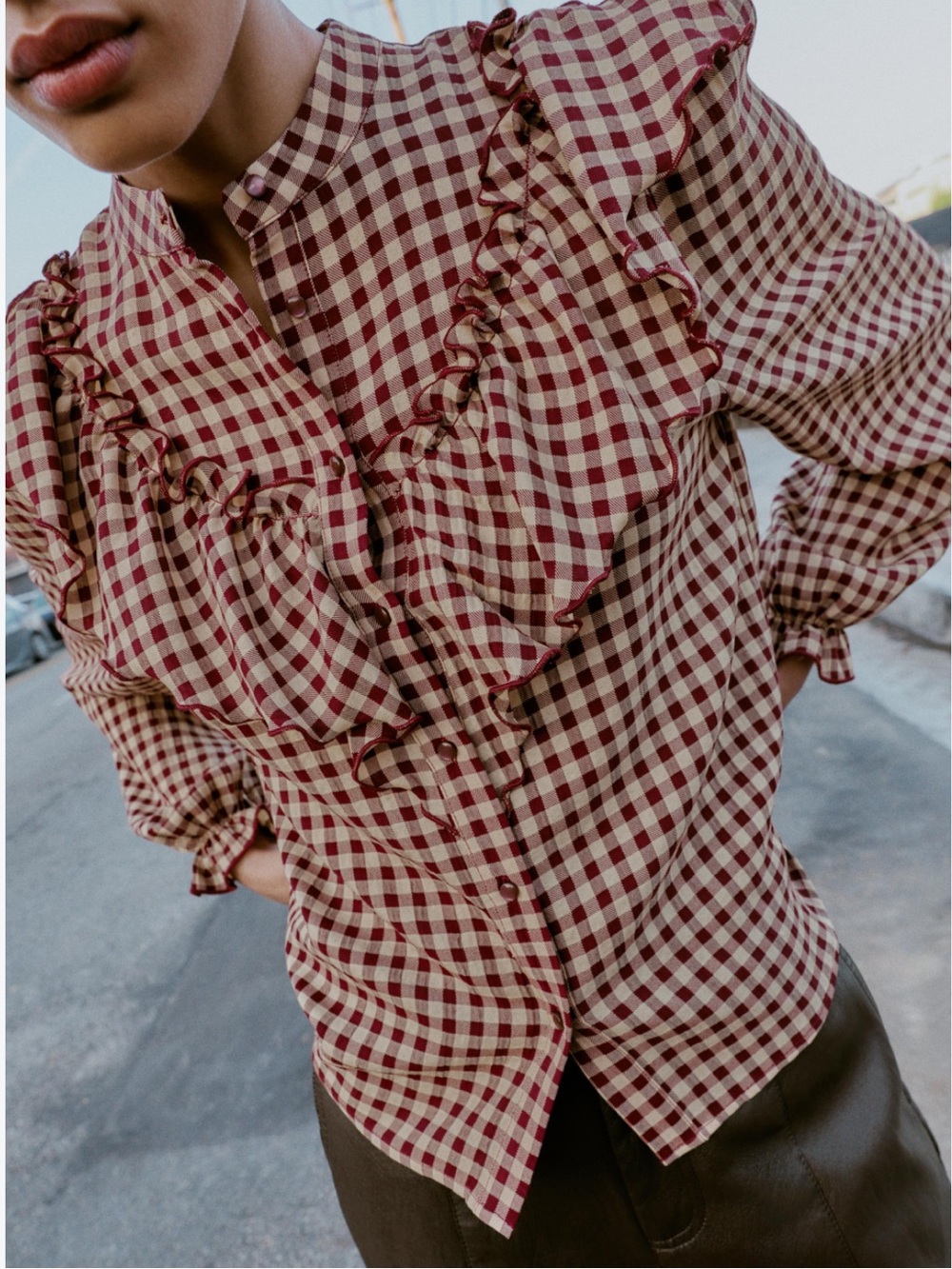 Zara Checked Ruffle Blouse Small Burgundy/ Tan - Picture 4 of 10
